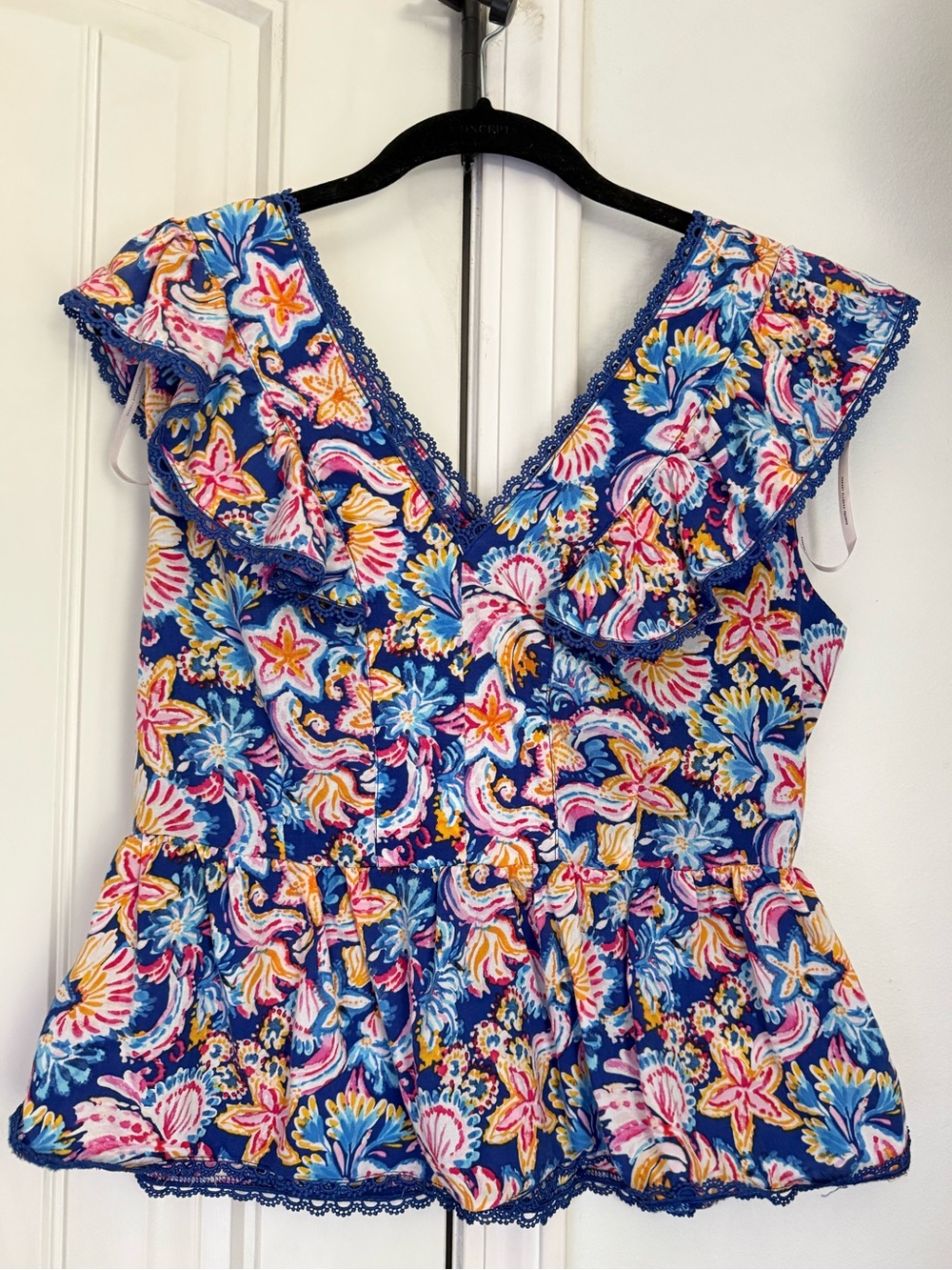 Nanette Lepore Blue Floral Ruffle V-Neck Peplum Top